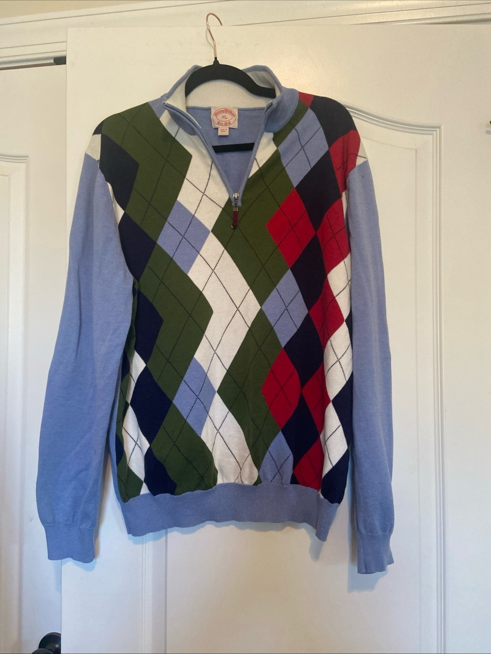 Brooks Brothers Light Blue Argyle Half-Zip Sweater with Green, Navy & Red